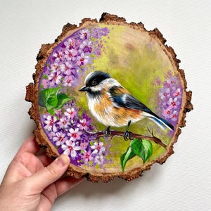 Cute Bird on a Lilac Branch,Handmade Acrylic Painting on Rustic Wood Slice,Home Decor on Wood,Wall Art for the Country & farmhouse,Gift idea