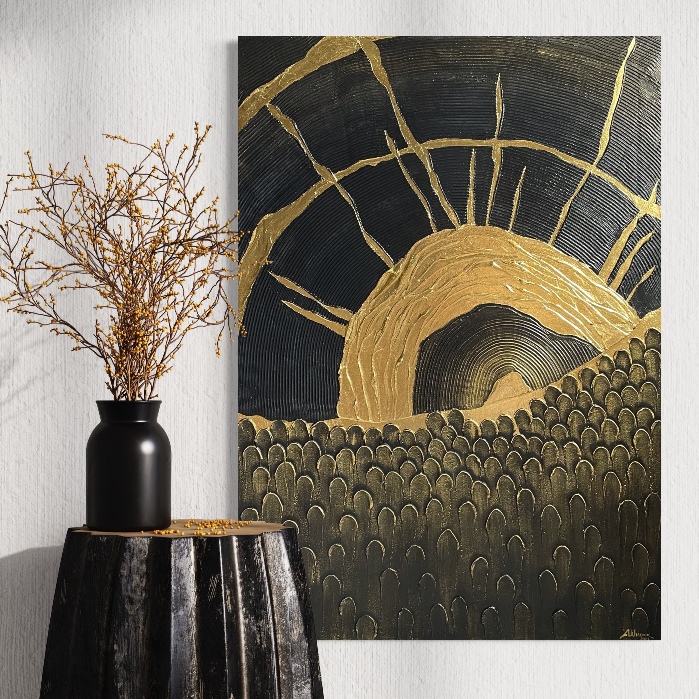 黒と金箔のアクリル画：3Dインパストテクスチャの抽象画 - Etsy 日本