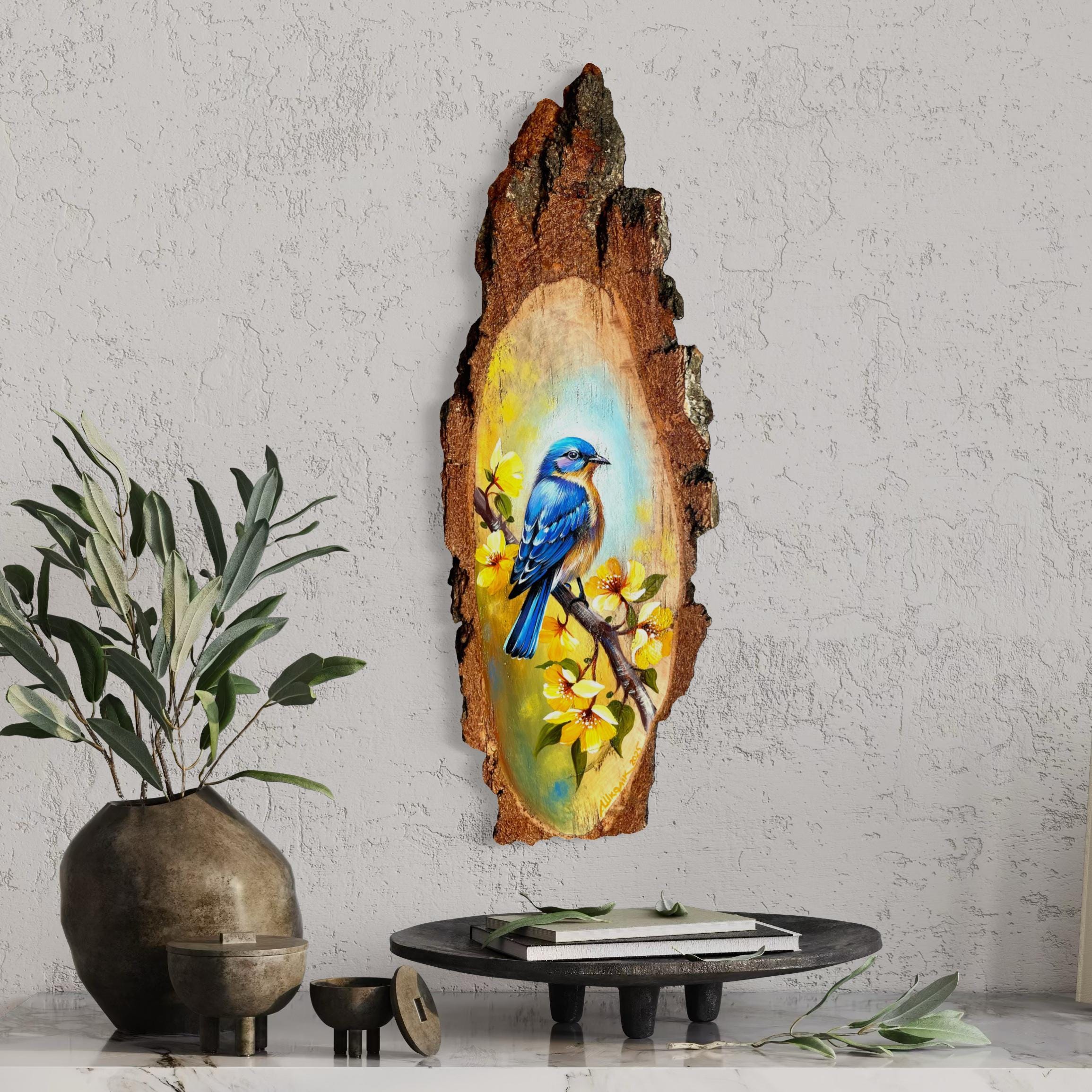 Blue Bird Acrylic Painting on Rustic Wood Slice: Handmade Wall
