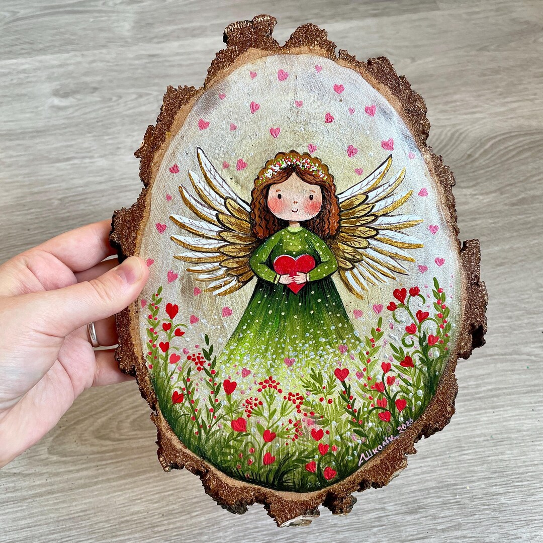 Photo inspiration: Gallery Detail: Angel With Heart On Birch Wood Slice Hand Painted Acrylic