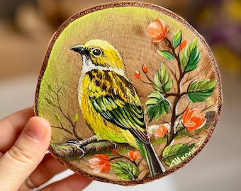 Handmade Canary Bird Acrylic Painting on Rustic Wood Slice