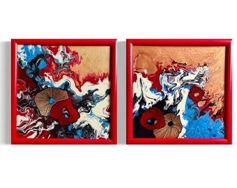 赤と金箔の抽象アクリル画二連画 - 額入り2枚セット - Etsy 日本