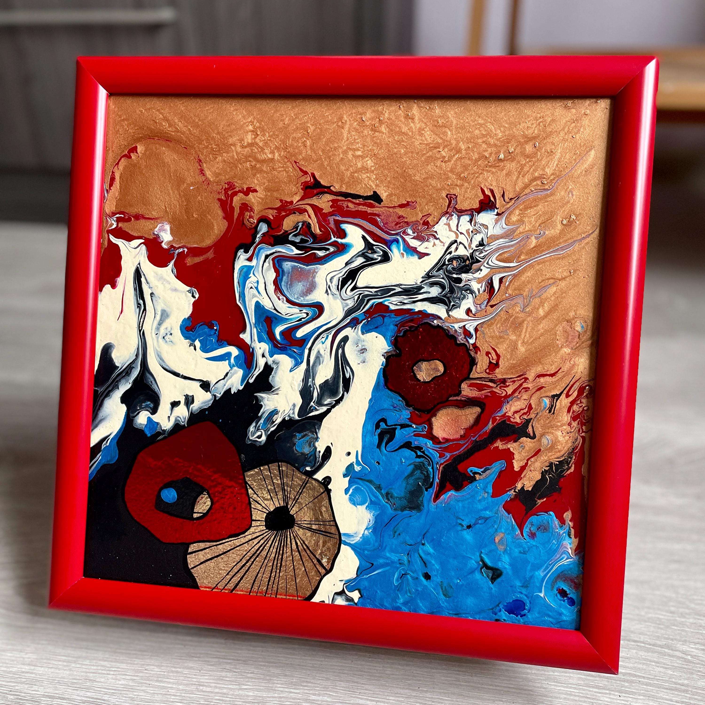 抽象アクリル画 金箔アート 赤と金箔の抽象アクリル画二連画 - 額入り2枚セット - Etsy 日本