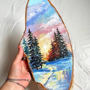Winter Sunrise Acrylic Painting on Birch Wood Slice: Handmade Home Decor