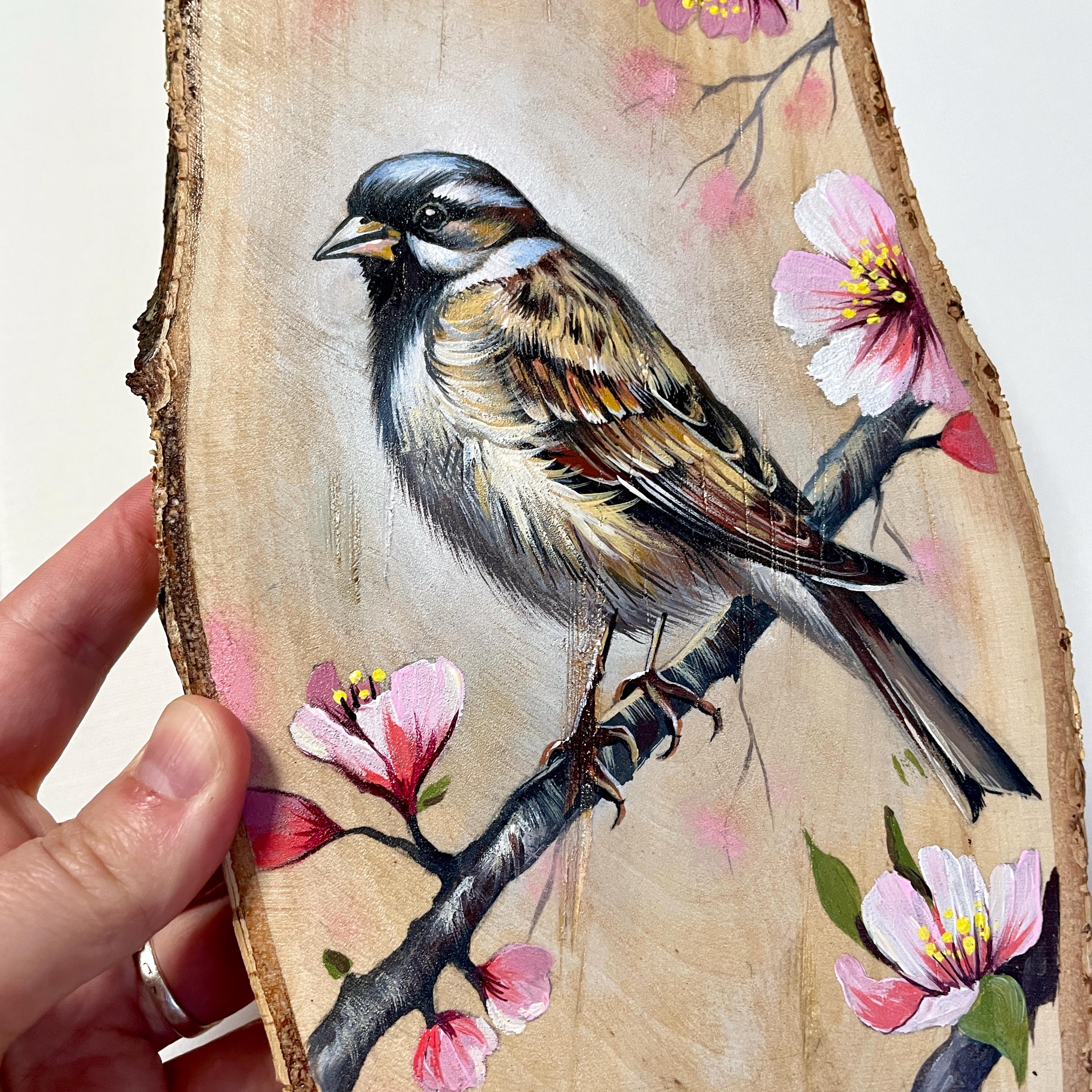 スズメの桜の絵画：手作りアクリル木片壁アート - Etsy 日本