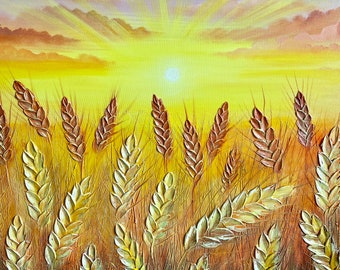 Wheat Field Sunset Acrylic Painting,Sunset Scene Wall Decor,Unique Handmade Landscape Art,Impasto 3DTexture Landscape Art,Farmhouse Wall Art