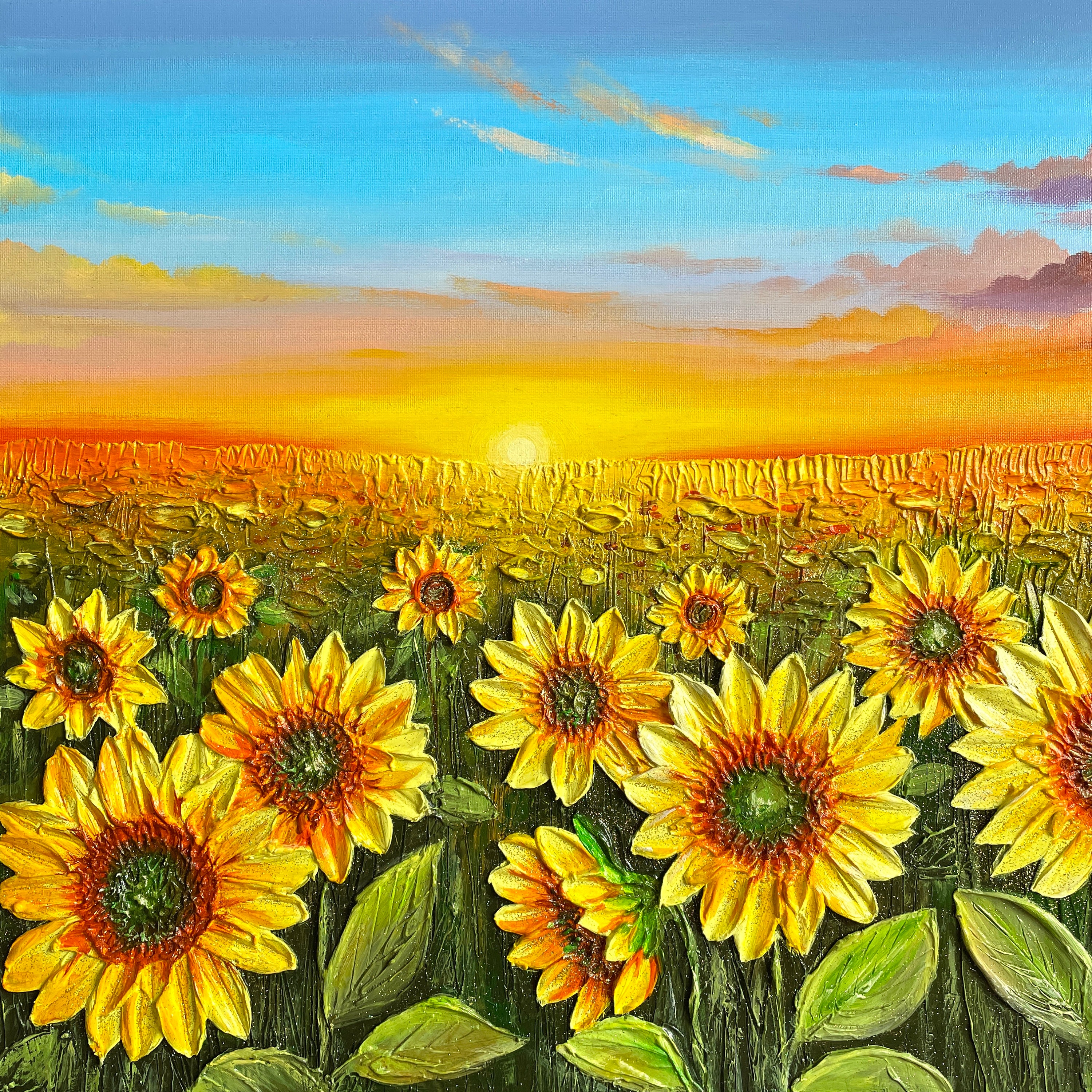 Textured Sunflower Field Acrylic Painting: 3D Impasto Sunset Art