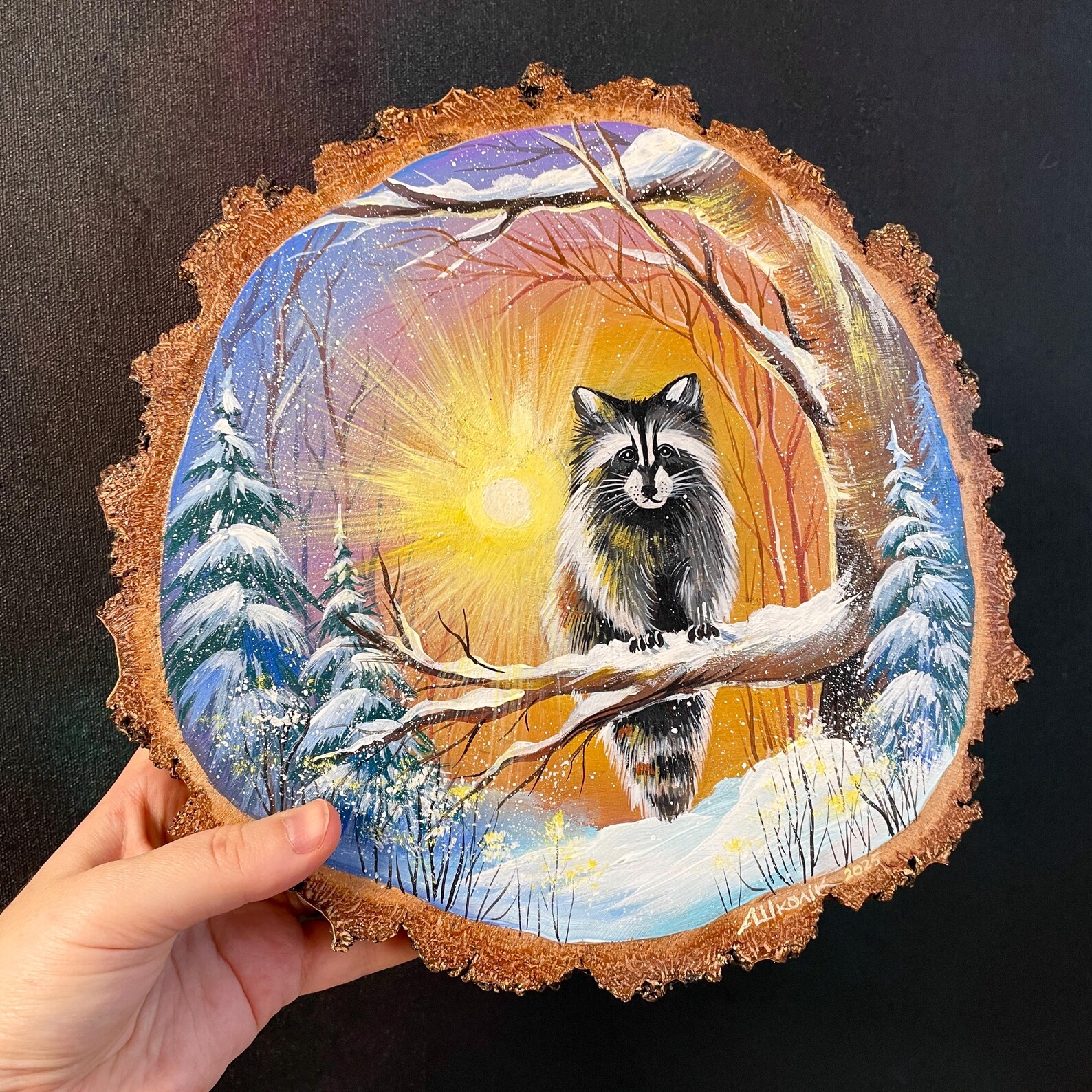 Rustic Raccoon Rustic Winter Raccoon Portrait: Handmade Acrylic Painting on Wood Slice ...