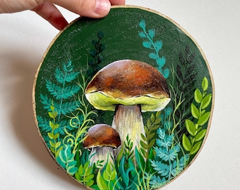 Summer Boletus Mushrooms in Fairytale Forest,Handmade Acrylic Painting on Rustic Wood Slice,Small Original Artwork Decor,Mushroom gift cute
