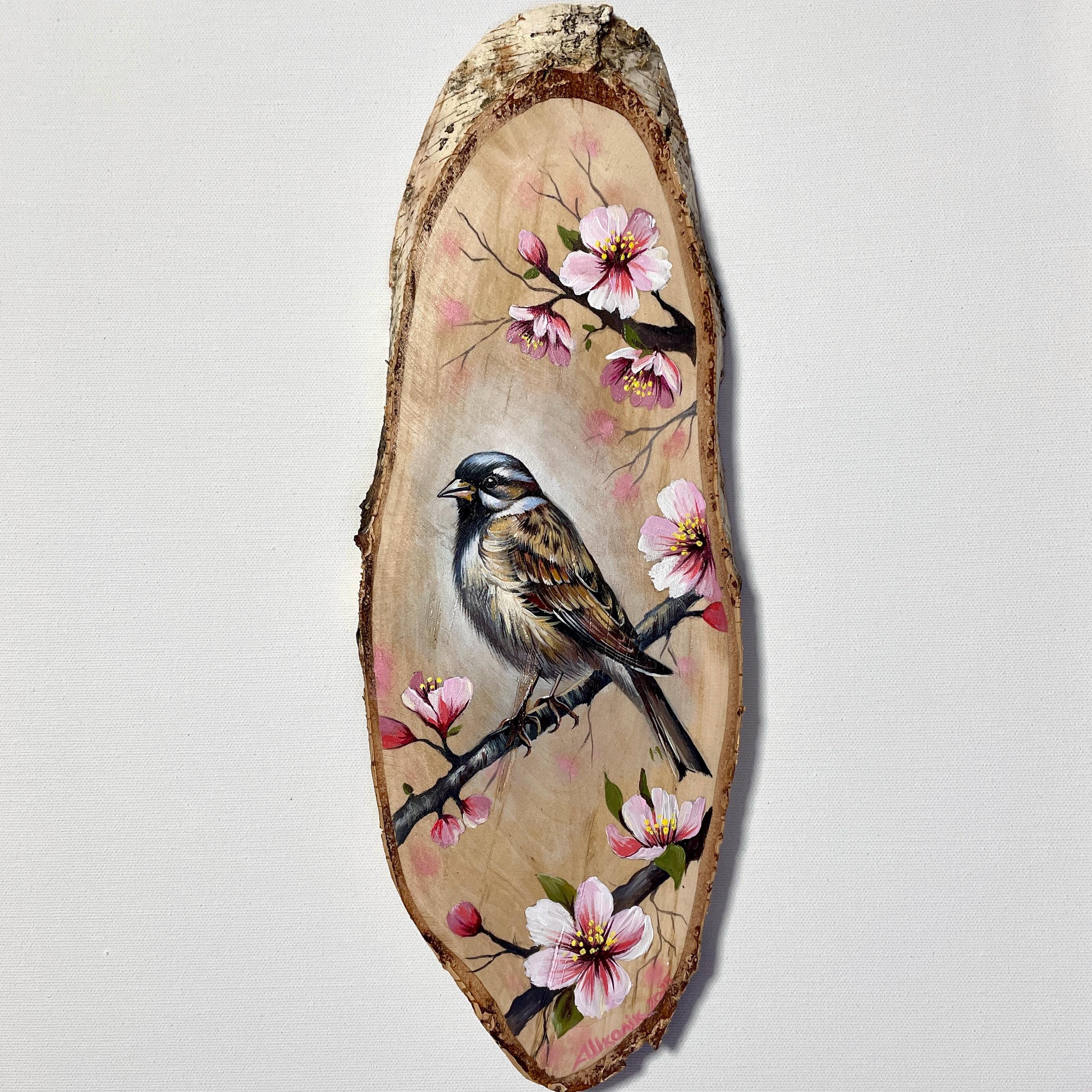 スズメの桜の絵画：手作りアクリル木片壁アート - Etsy 日本