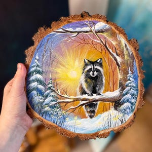 Charming Raccoon Portrait on Rustic Wood Slice - Handmade Acrylic Winter Landscape Art,Original hand painting on wood, Wooden Slice