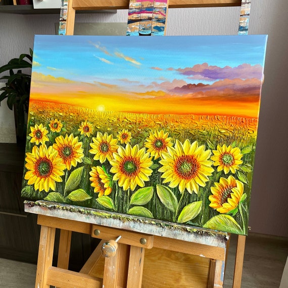 Textured Sunflower Field Acrylic Painting: 3D Impasto Sunset Art
