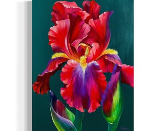 Red Iris Flower on Emerald background,Realistic Iris Acrylic Painting,Original hyperrealistic botanical art,Macrobotany,Handmade wall decor