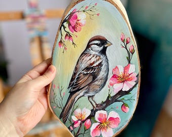 Original Acrylic Painting on Wood,Sparrow on branch of Cherry Blossom,Rustic Home Decor,Handmade Wall Art Wooden Slice,Artwork on Tree Slice