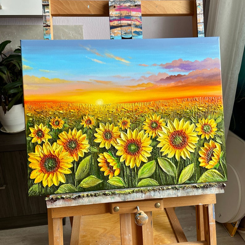 textured-sunflower-field-acrylic-painting-3d-impasto-sunset-art-etsy