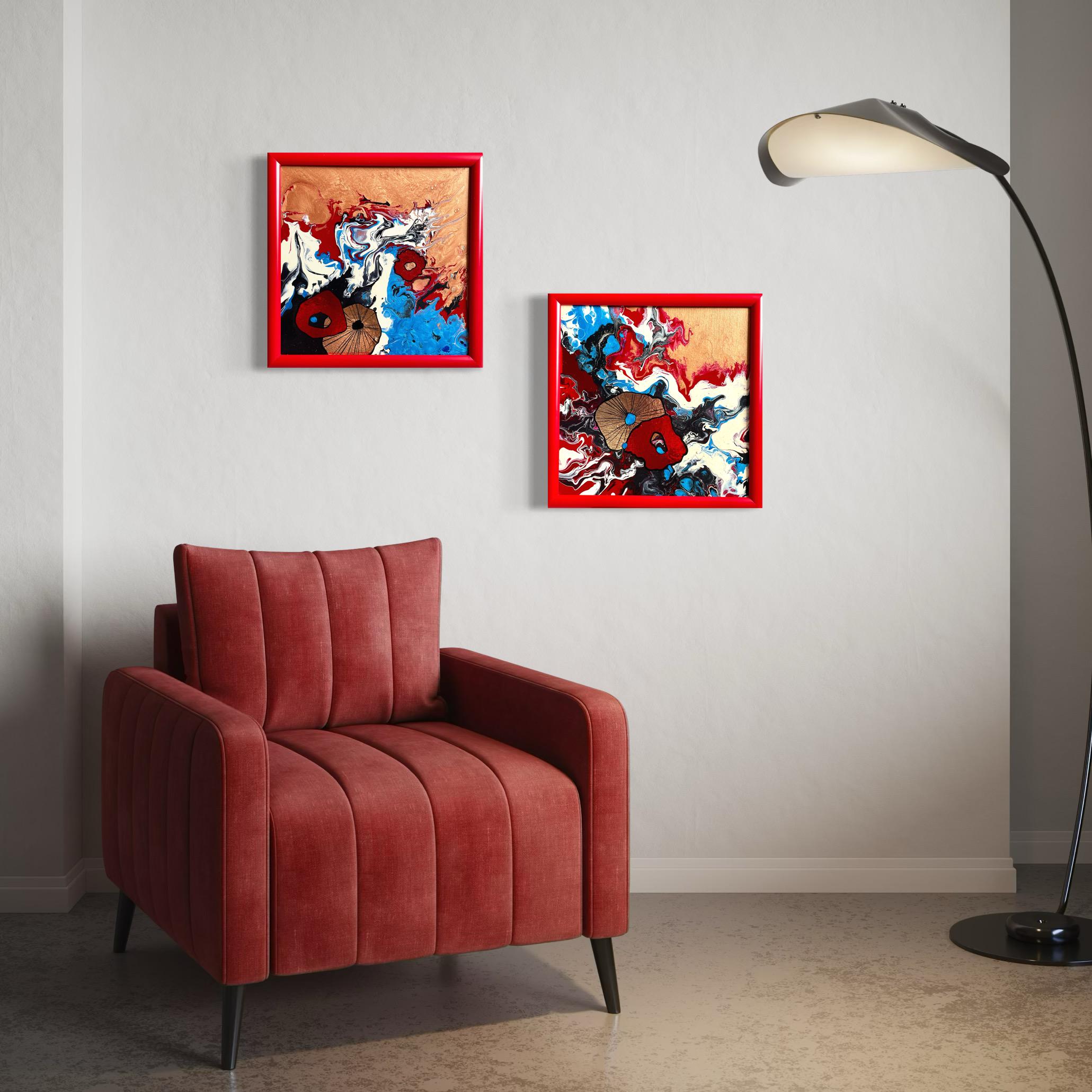 赤と金箔の抽象アクリル画二連画 - 額入り2枚セット - Etsy 日本