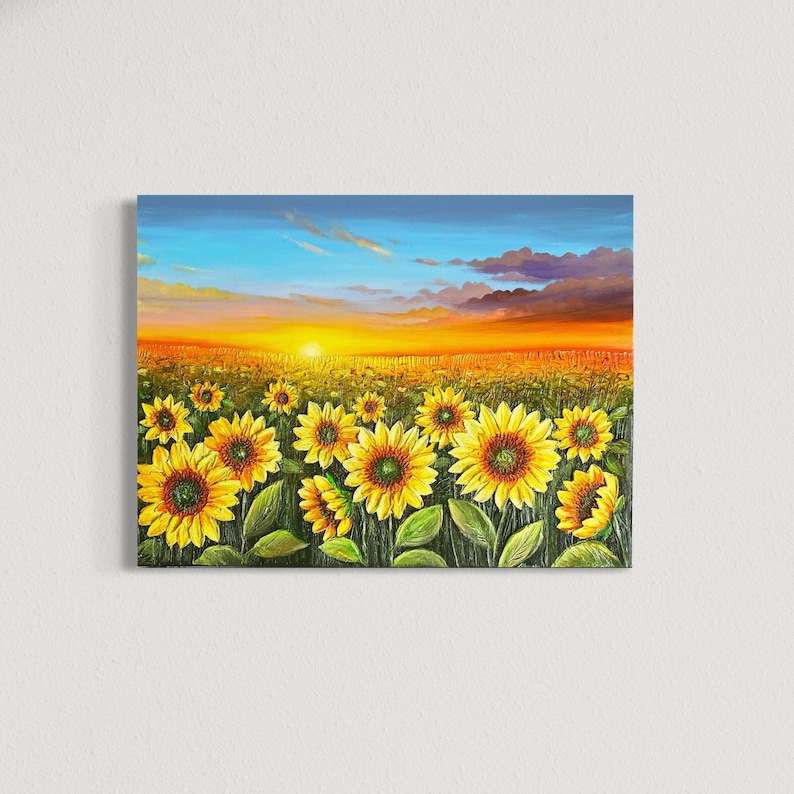 textured-sunflower-field-acrylic-painting-3d-impasto-sunset-art-etsy