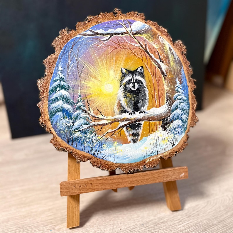 Rustic Winter Raccoon Portrait: Handmade Acrylic Painting on Wood Slice ...