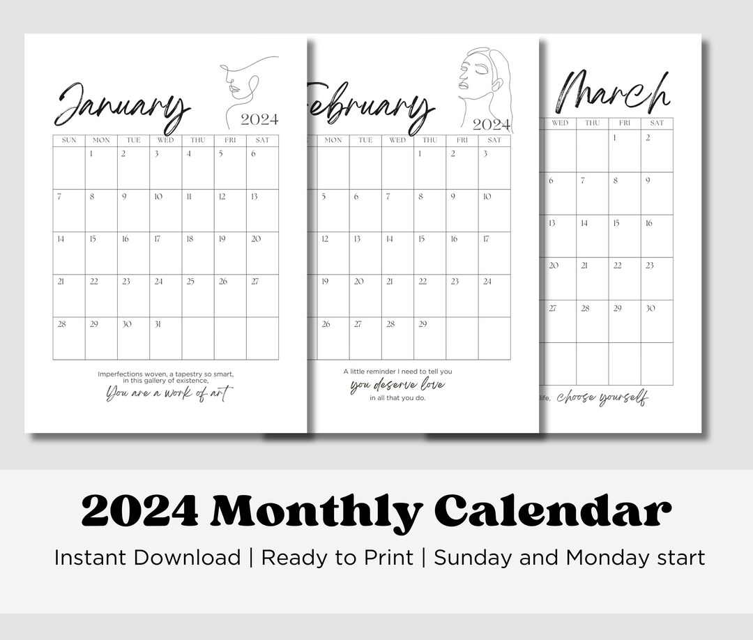 2024 Calendar Printable Monday and Sunday Start Minimalist Instant ...