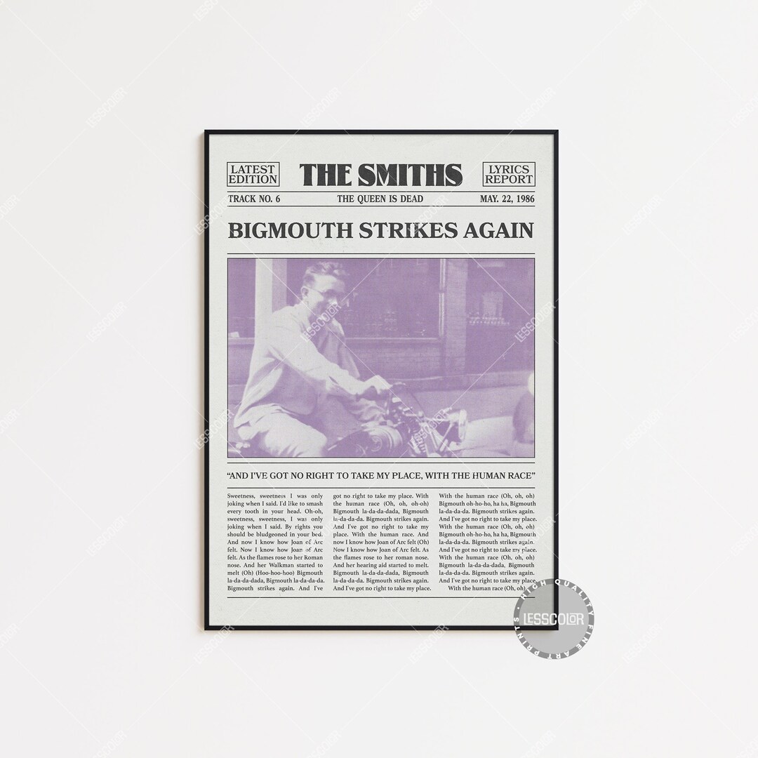 The Smiths Retro Newspaper Print, Bigmouth Strikes Again Poster, Bigmouth Strikes Again Lyrics