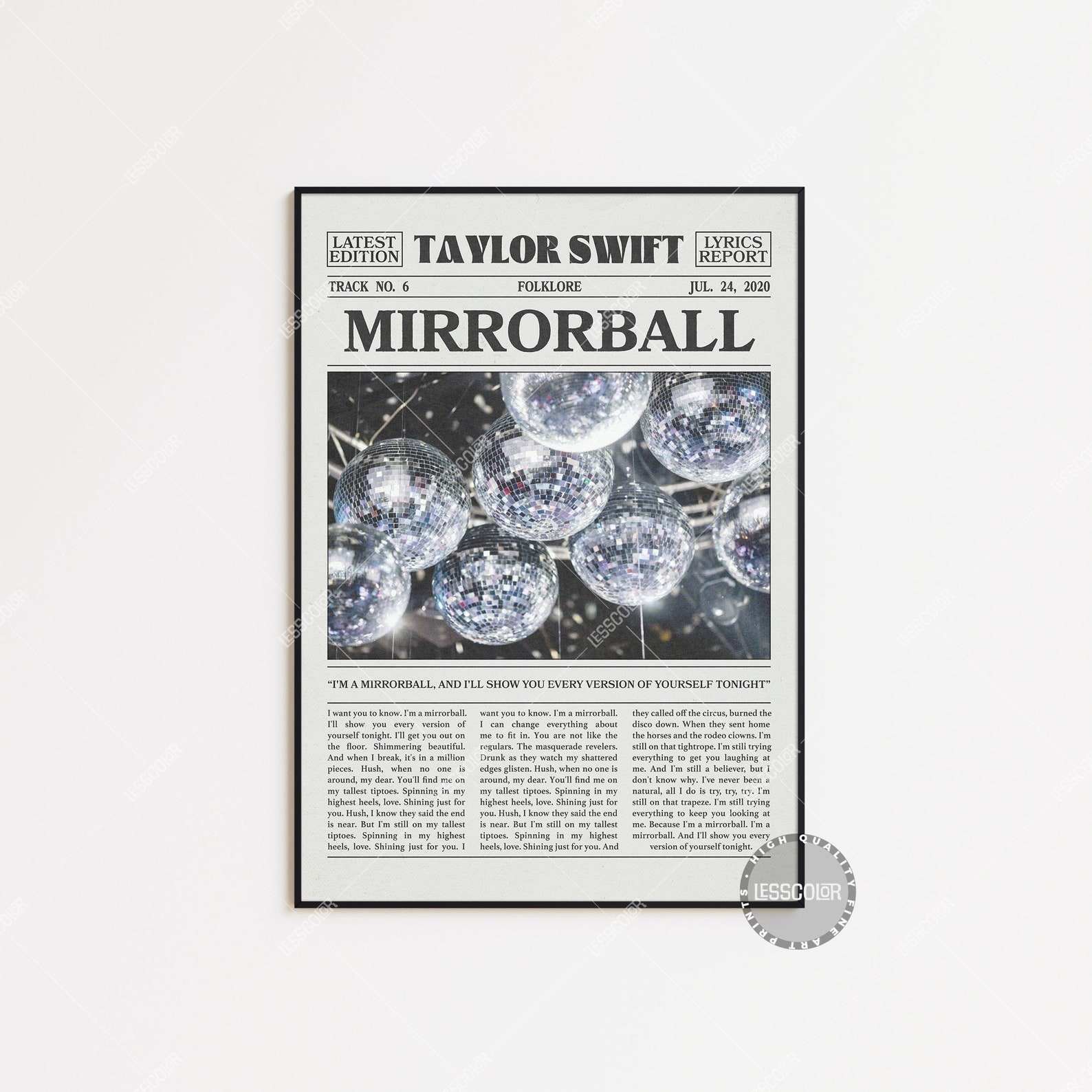 Taylor Swift Retro Newspaper Print, Mirrorball Poster, Mirrorball