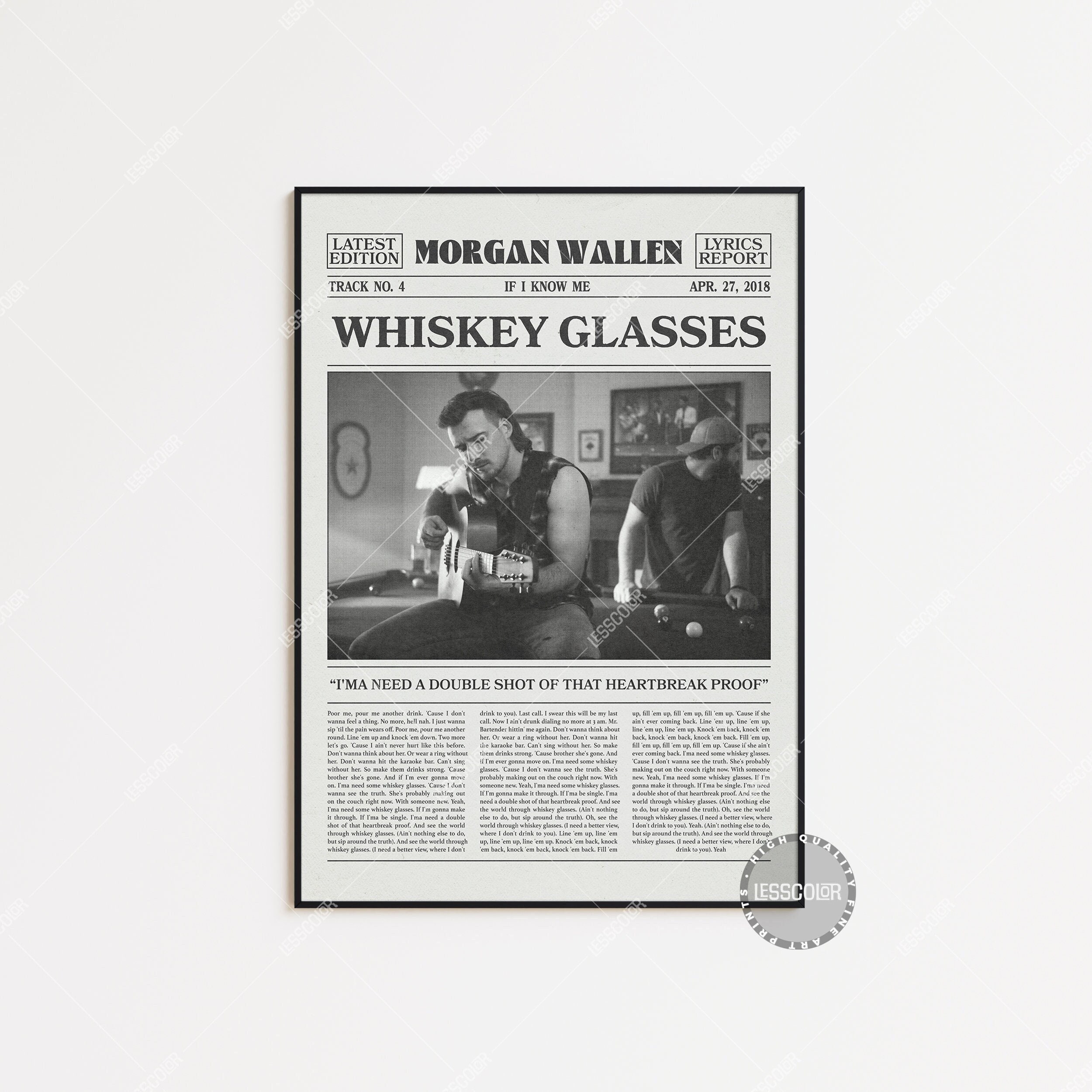 Morgan Wallen Retro Newspaper Print, Whiskey Glasses Poster, Lyrics