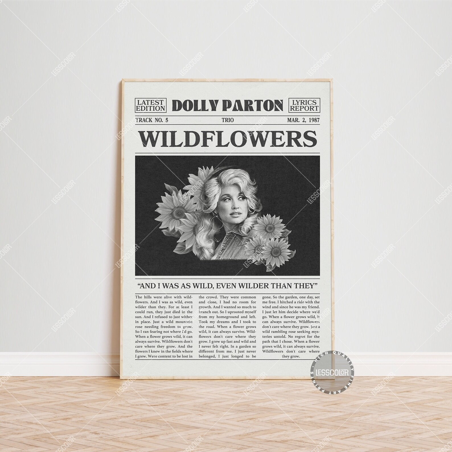 Dolly Parton Retro Newspaper Print, Wildflowers Poster, Wildflowers