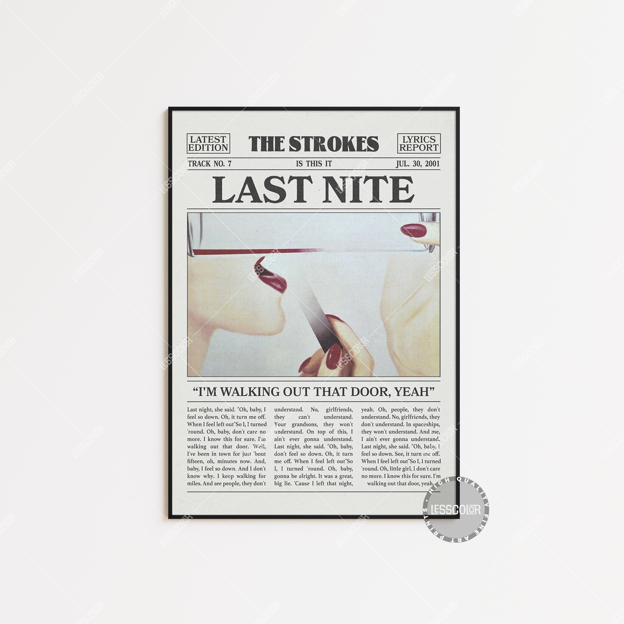 The Strokes Retro Newspaper Print, Last Nite Poster, Last Nite Lyrics