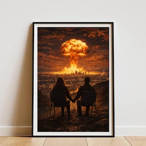 May include: Framed art print depicting a couple holding hands, seated in chairs, overlooking a city engulfed in flames and a mushroom cloud. The artwork features a dark, apocalyptic theme with a fiery color palette.
