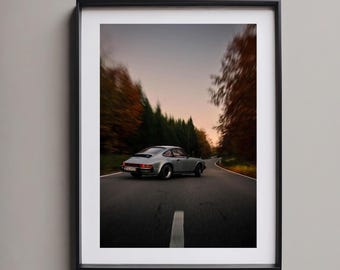 Vintage Porsche 911 Poster Forest Road Sunset - Retro Car Wall Art Print Auto Gift