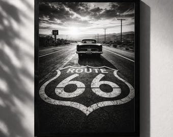 Route 66 Vintage Car Black and White Poster, American Road Trip Wall Art