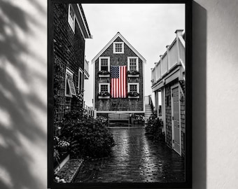 Black and White American Flag House Poster – Patriotic USA Wall Art Photography Print