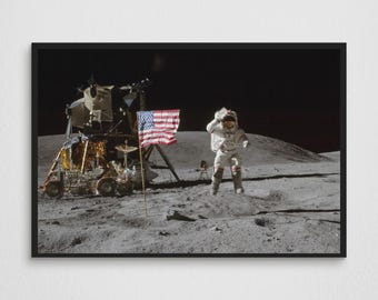 アポロ11号の月面歩行写真：NASA宇宙飛行士とアメリカ国旗 - 宇宙の