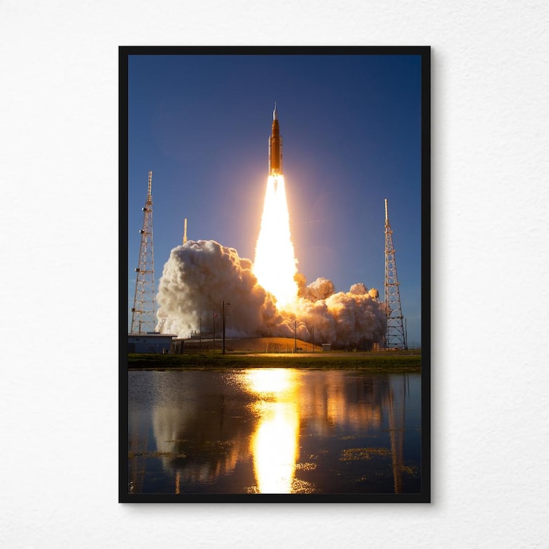 Artemis II Launch Poster, NASA Moon Mission Print, Rocket Liftoff Wall Art image 1