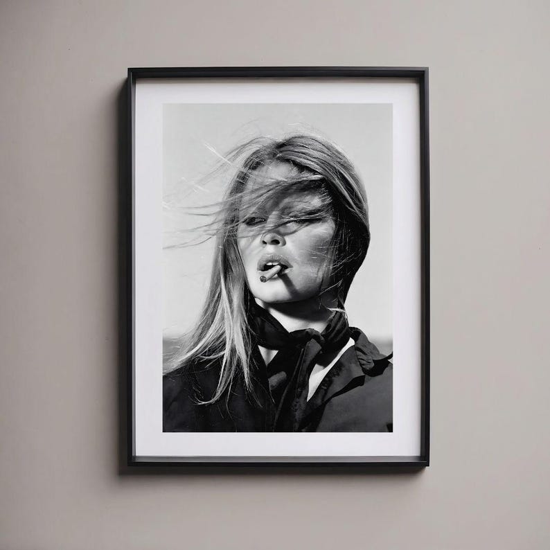 Brigitte Bardot Poster Vintage French Actress Cigarette Black White Wall Art image 3