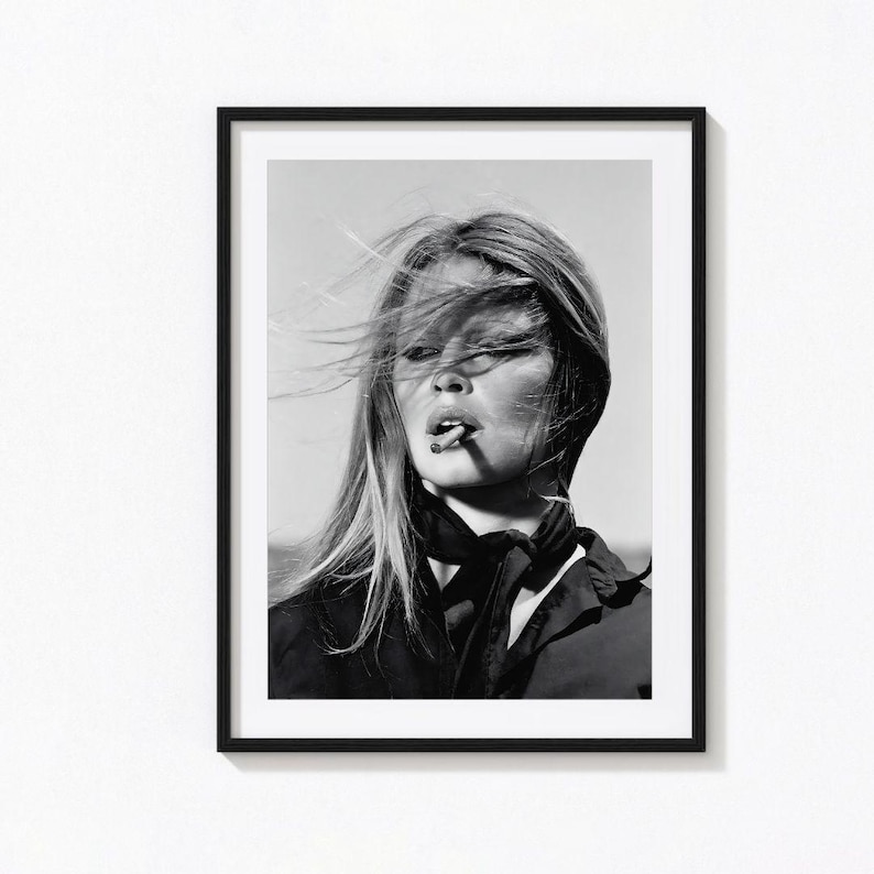 Brigitte Bardot Poster Vintage French Actress Cigarette Black White Wall Art image 1