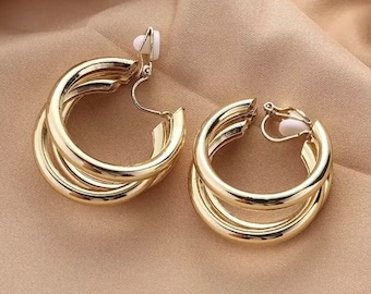 Large Gold clip on earrings | triple hoop chunky earrings