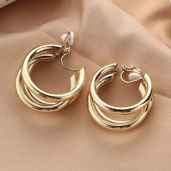 Large Gold clip on earrings | triple hoop chunky earrings