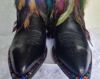 Galaxy Multi colored Feather Boho upcycled western cowboy boots Size 8