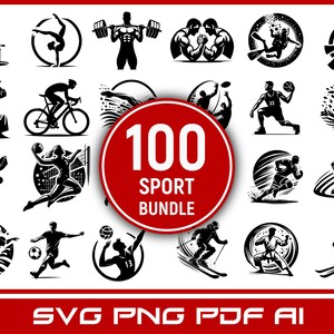 Op de afbeelding: Een set van 100 zwart-witte vectorillustraties van verschillende sporten. De illustraties zijn in een eenvoudige, minimalistische stijl en tonen atleten in actie. De tekst "100 Sport Bundle" wordt weergegeven in een rode cirkel in het midden van de afbeelding. De tekst "SVG PNG PDF AI" wordt onderaan de afbeelding weergegeven.