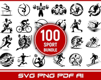 May include: A set of 100 black and white vector illustrations of various sports. The illustrations are in a simple, minimalist style and depict athletes in action. The text "100 Sport Bundle" is displayed in a red circle in the centre of the image. The text "SVG PNG PDF AI" is displayed at the bottom of the image.