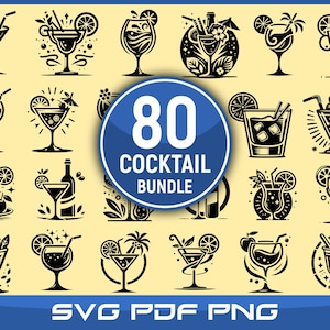 May include: A set of 20 black and white cocktail illustrations, each with a different design, including garnishes such as citrus slices and straws. The image includes the text "80 COCKTAIL BUNDLE" and file type options: SVG PDF PNG.