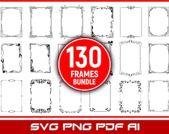May include: A collection of 130 black and white decorative frames in a bundle. The frames are in various styles and designs. The text "130 Frames Bundle" is in a red circle.