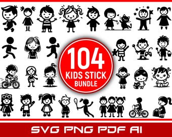 Kids Stick Figure SVG PNG PDF Bundle | Vector Stick Figures Children Pack