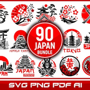 May include: A collection of 90 Japanese-themed designs in red, black, and white. The designs include pagodas, cherry blossoms, samurai, and the text "90 JAPAN BUNDLE". The image also includes the text "SVG PNG PDF AI".