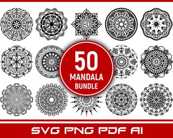 50 Mandala Designs: SVG, PNG, PDF Vector Clipart Bundle