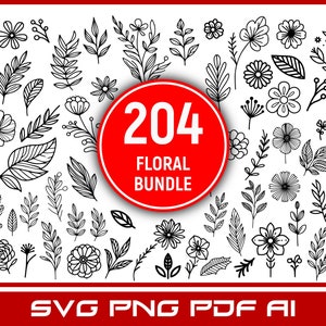 May include: A black and white image of 204 floral illustrations. The image includes flowers, leaves, and branches. The text "204 Floral Bundle" is in a red circle in the center of the image. The text "SVG PNG PDF AI" is at the bottom of the image.