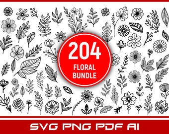 May include: A black and white image of 204 floral illustrations. The image includes flowers, leaves, and branches. The text "204 Floral Bundle" is in a red circle in the center of the image. The text "SVG PNG PDF AI" is at the bottom of the image.