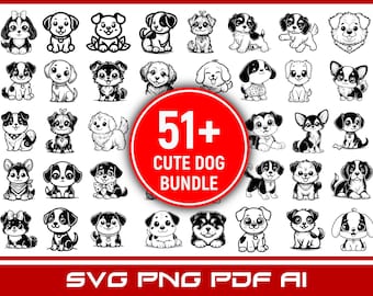 May include: A set of 51+ cute dog illustrations in black and white. The illustrations are in a cartoon style and feature various breeds of dogs. The text "51+ Cute Dog Bundle" is in a red circle in the center of the image.