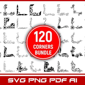 May include: A set of 120 black and white corner design elements. The corners are in a variety of styles, including floral, geometric, and abstract. The set is labelled "120 Corners Bundle".